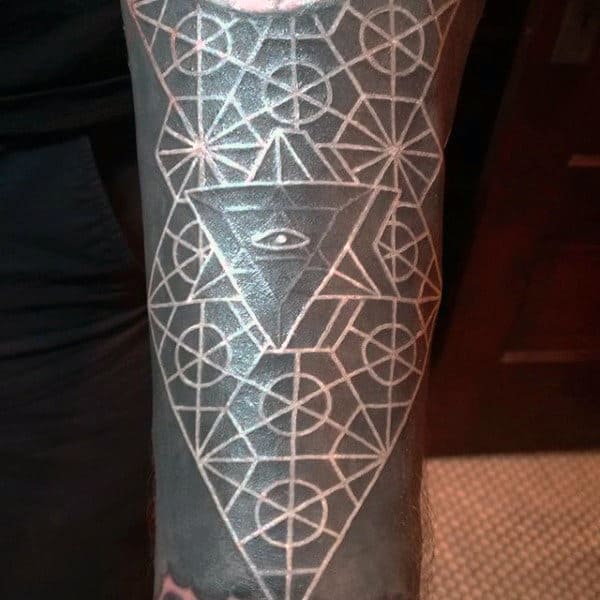 Forearm Guys Geomtric All Seeing Eye White Ink Sleeve Tattoos