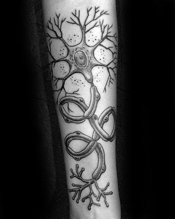 Black and grey neuron tattoo on forearm with stylized synapse loops, dotted shading, and branching dendrites.
