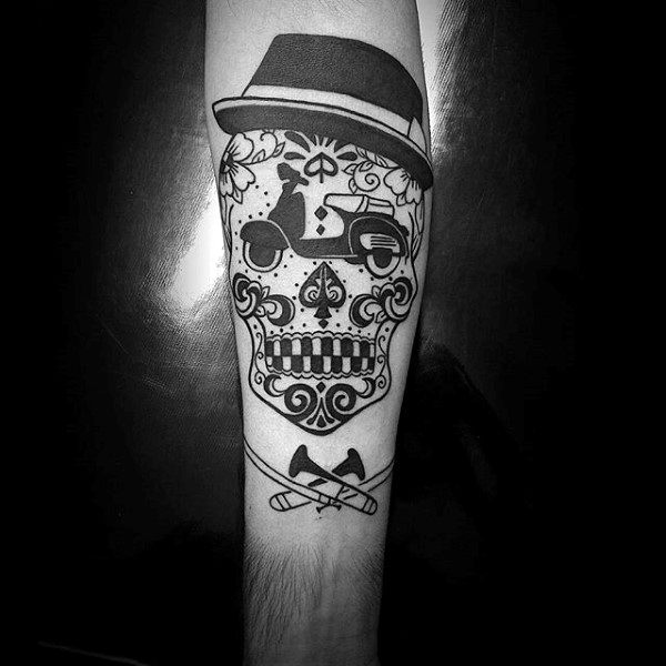 Forearm Guys Tattoo Top Hat Sugar Skull Designs