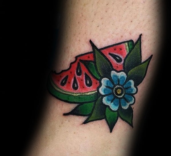 Forearm Guys Watermelon With Blue Flower Traditional Old School Tattoos