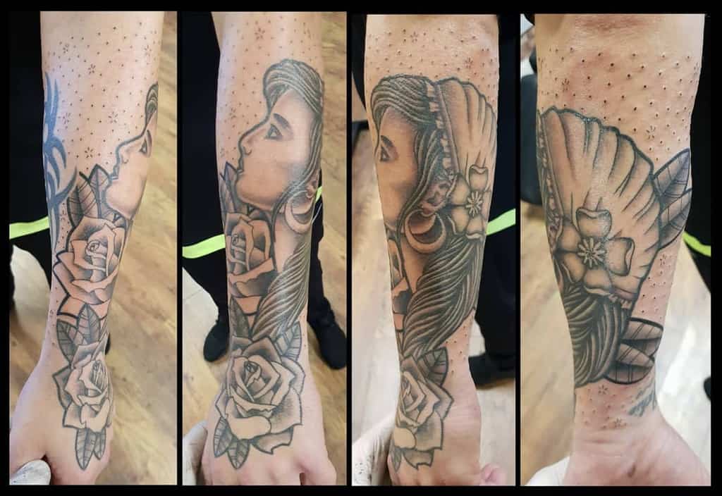 Four stunning tattoo images showcase roses intertwined with a gypsy woman's face elegantly inked on an arm