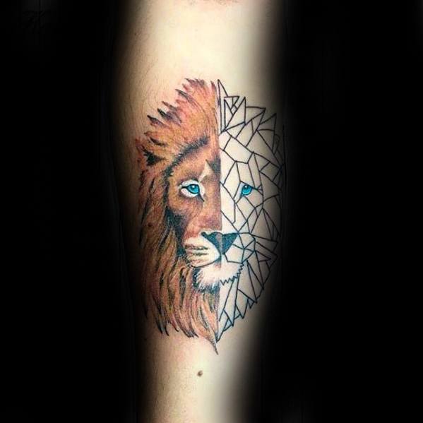 Forearm Half Geometric Lion Tattoos Guys