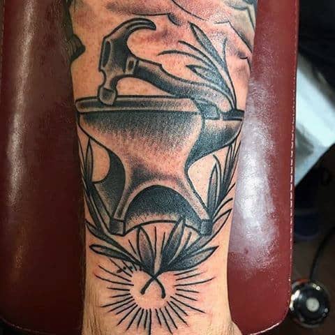 Forearm Hammer With Olive Branch And Anvil Male Tattoos