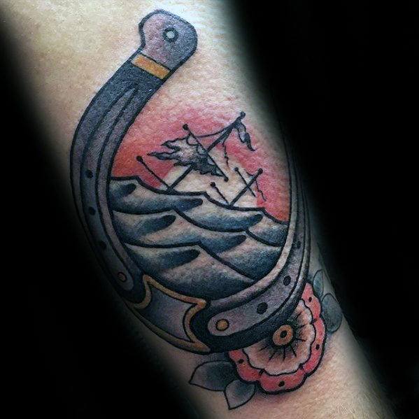 Forearm Horseshoe Sinking Ship Male Tattoos