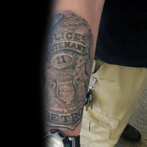 Forearm Large Mens Detriot Police Lieutenant Badge Tattoos