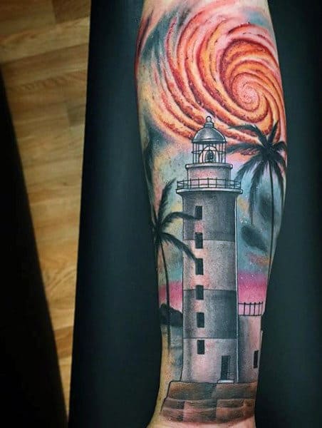 Forearm Lighthouse Sunset Beach Tattoo On Gentlemen
