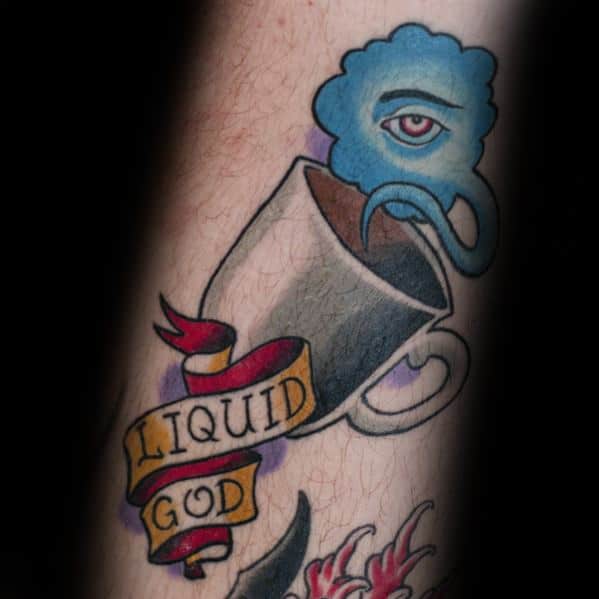Forearm Liquid Gold Banner Coffee Tattoo Designs On Gentleman