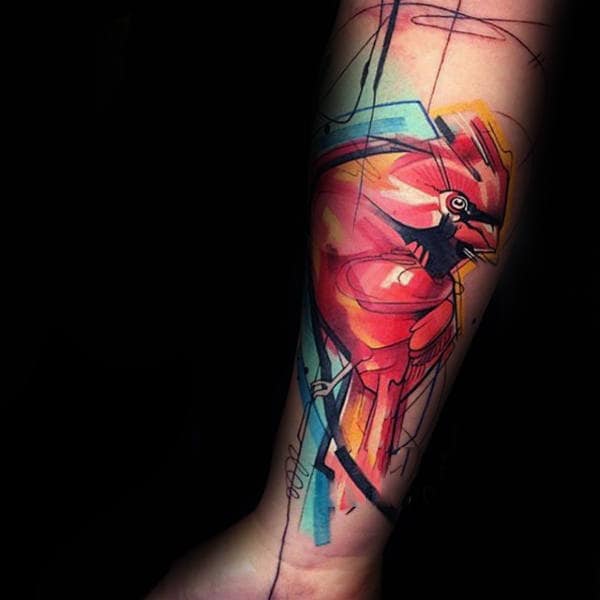 Forearm Male Cardinal Watercolor Abstract Tattoo Of Bird