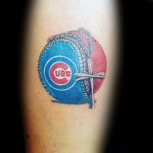 Forearm Male Chicago Cubs Baseball With Cross Necklace Tattoo Ideas