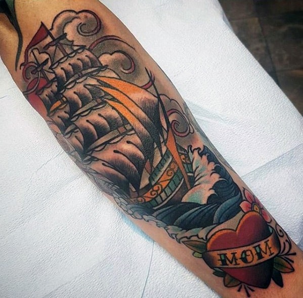 Forearm Male Cool Traditional Sailing Ship Heart Mom Tattoo Ideas