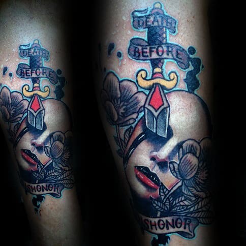 Forearm Male Death Before Dishonor Dagger Neo Traditional Tattoo