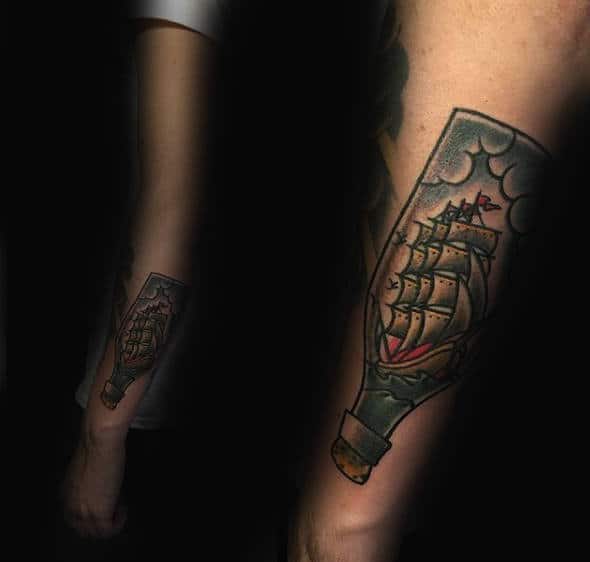 Forearm Male Ship In A Bottle Tattoo