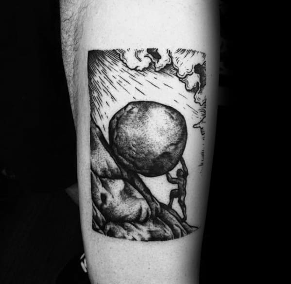 Blackwork Sisyphus tattoo with bold lines, depicting the figure pushing a boulder uphill under dramatic rays and swirling clouds.