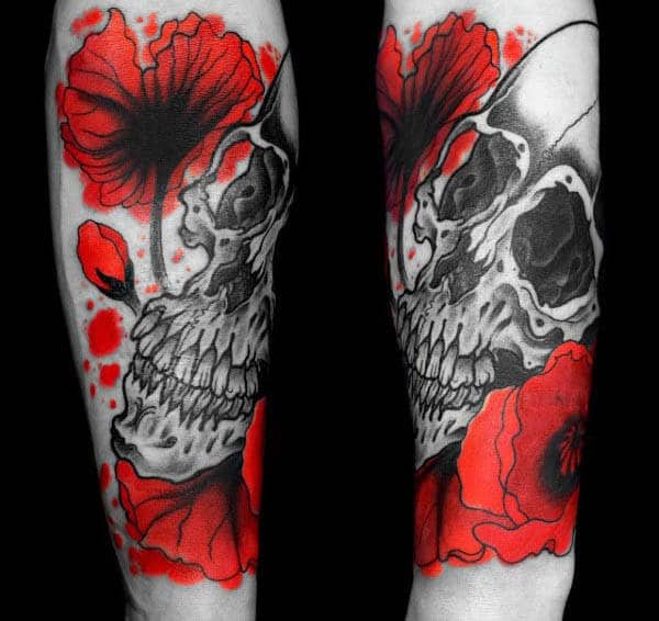 Forearm Male Tattoo Poppy Flowers In Red Ink With Shaded Black Skull