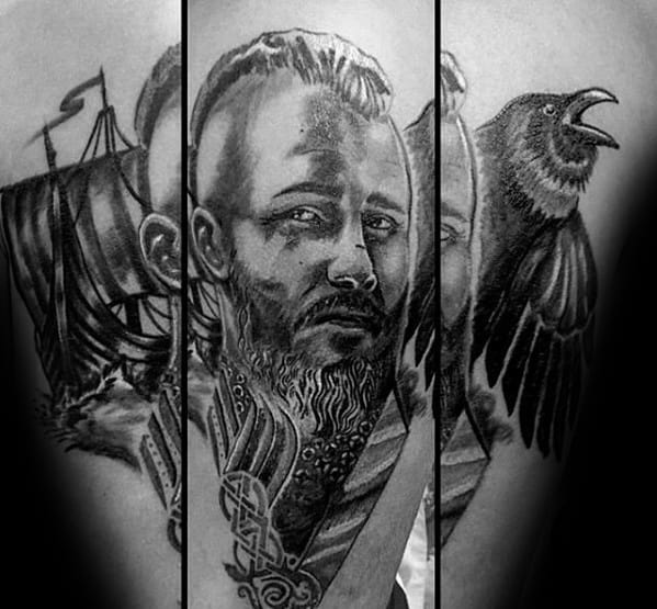 Black-and-white tattoo of a man with a beard, a Viking ship, and a raven