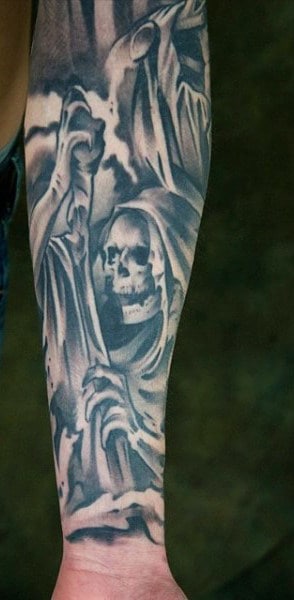 Forearm Man Skeleton Head Tattoos