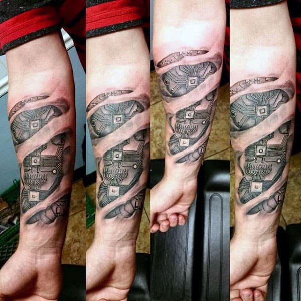 Forearm Mens Circuit Board Ripped Skin 3d Tattoos