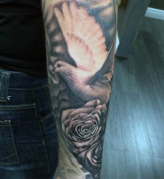 Forearm Mens Dove Tattoos With Roses