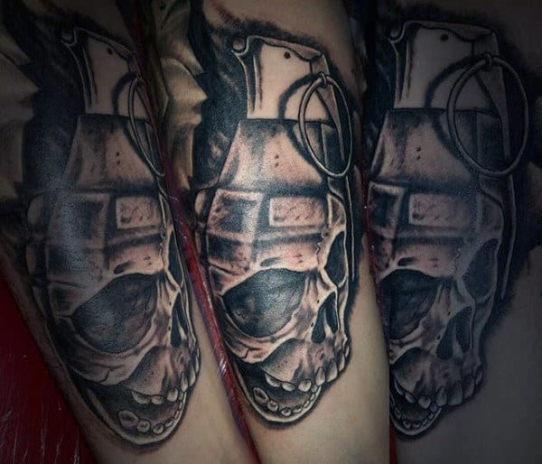 Forearm Men's Grenade Skull Tattoo
