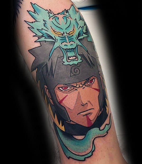 A vibrant tattoo of Naruto with a dragon on his head, featuring bold colors and sharp lines