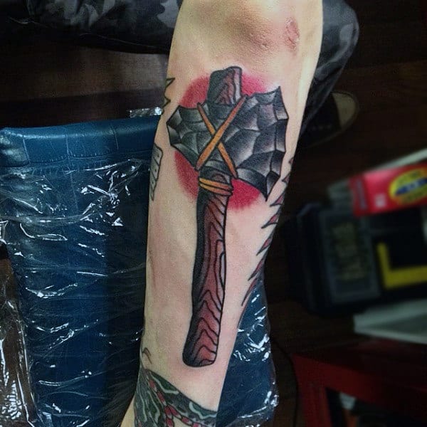 Forearm Mens Old School Tomahawk Tattoo With Wood Handle