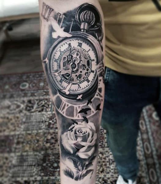 Forearm Mens Pocket Watch Tattoo Design Ideas