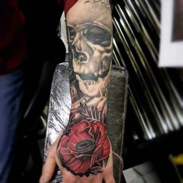 Forearm Mens Poppy Skull Tattoo Design Ideas