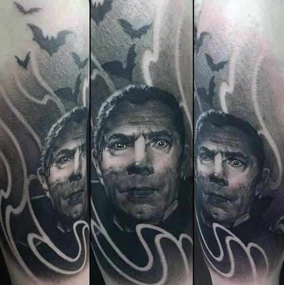 Forearm Mens Shaded Black And Grey Ink Realistic Dracula Tattoo