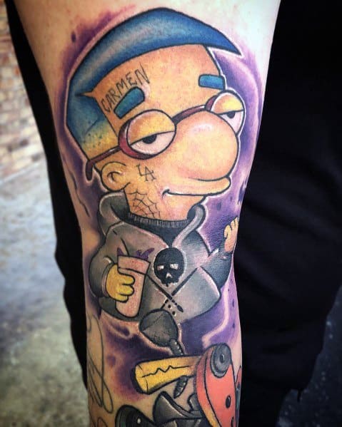 Colorful tattoo of a reimagined Milhouse from The Simpsons with a gangster style, wearing a hoodie and holding a cup.