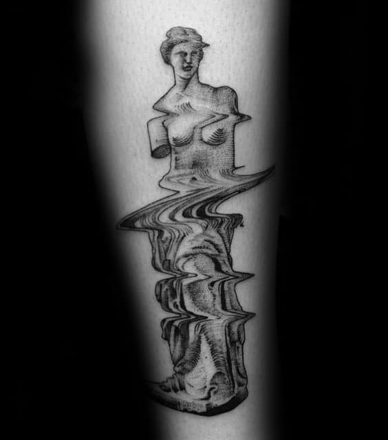 Glitch tattoo of the Venus de Milo statue with heavy horizontal distortion through the torso and legs, blending classical and digital styles