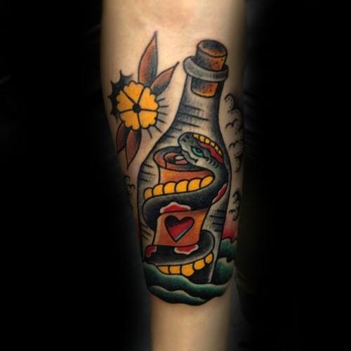 Traditional tattoo of a bottle with a coiled snake, a heart design on a scroll, and a vibrant yellow flower.