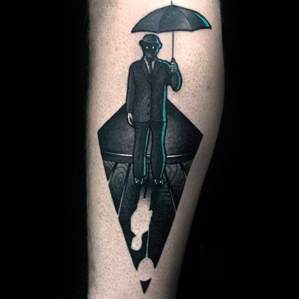 Forearm Negative Space Mens Umbrella Being Held By Man Wearing Suit Tattoo