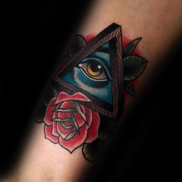 Forearm Old School Traditional All Seeing Eye Penrose Triangle Tattoo Design On Man