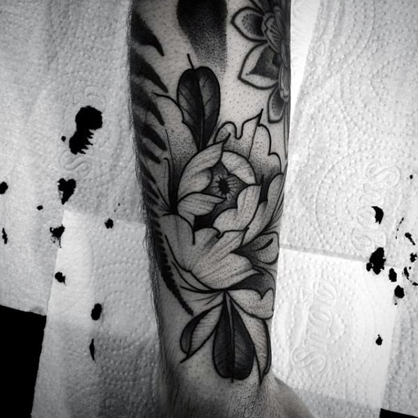 Forearm Peony Mens Tattoo Inspiration With Shaded Ink Design