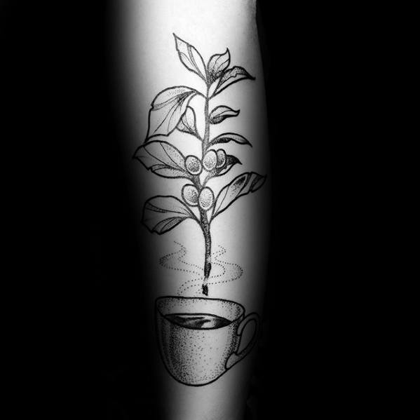 Forearm Plant With Coffee Cup Tattoos For Gentlemen