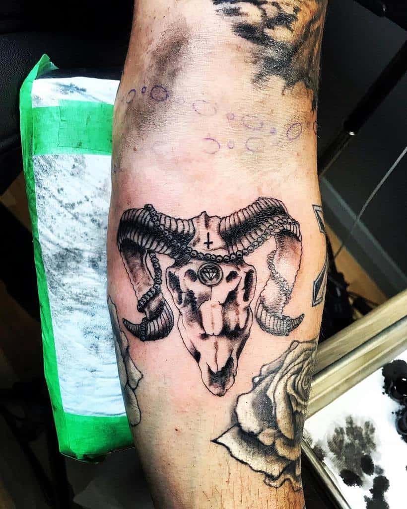 Tattoo of a ram skull with ornate horns on an arm