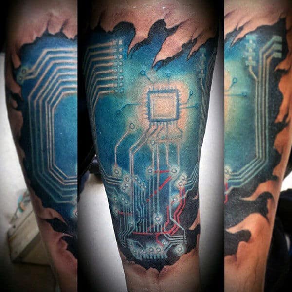 Forearm Realistic Ripped Skin Circuit Board Tattoos For Guys