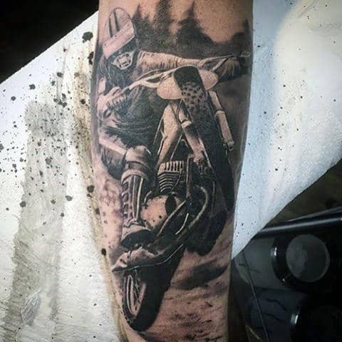 Forearm Realsitic Motocross Rider Tattoo On Man