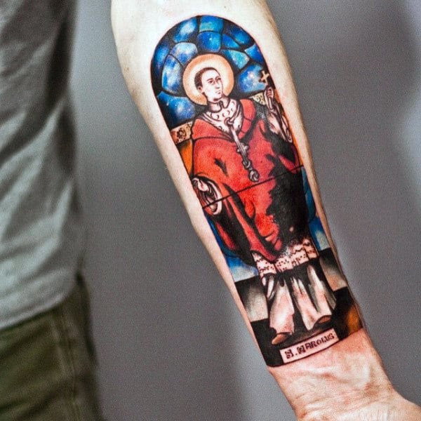 Forearm Religious Male Stained Glass Tattoo