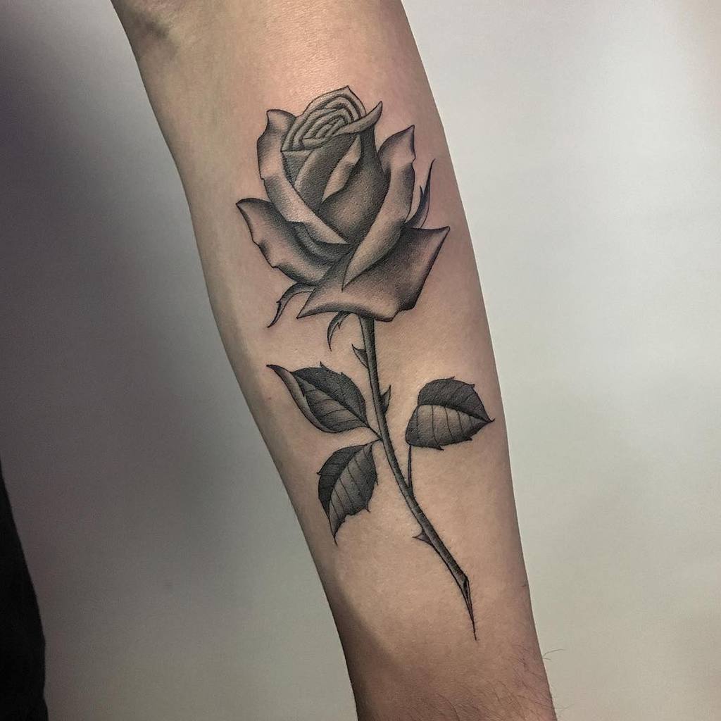 Black and gray rose tattoo with a delicate stem elegantly wrapped around the forearm