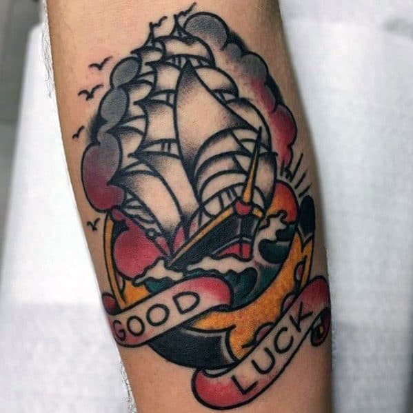Forearm Sailing Ship Traditional Good Luck Tattoos For Gentlemen