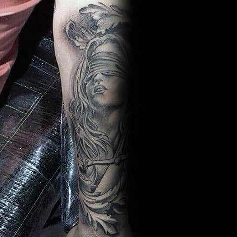 Forearm Shaded Black And Grey Ink Lady Justice Mens Sleeve Tattoo Design Ideas