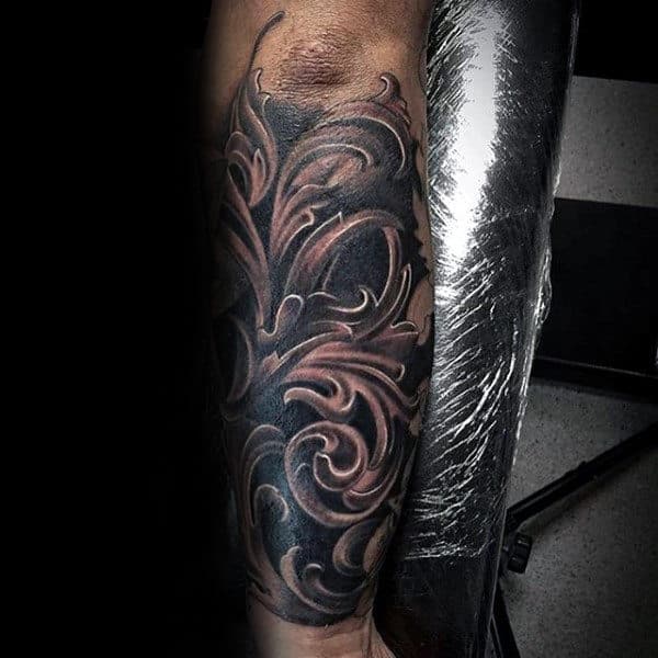 Forearm Shaded Sleeve Tattoo With Filigree Design On Gentleman