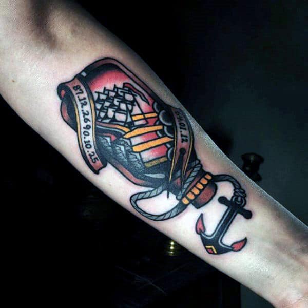 Forearm Ship In A Bottle With Anchor Mens Sailor Jerry Style Tattoo Ideas