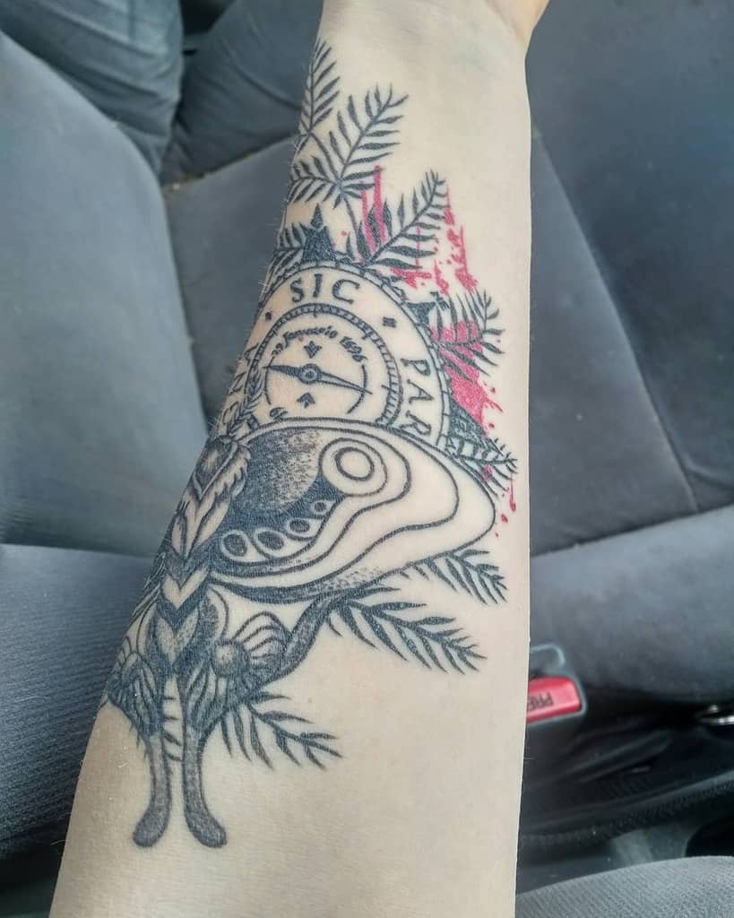 Forearm tattoo featuring a 'Sic Parvis Magna' compass, nature elements, and a stylized moth with intricate black and red ink