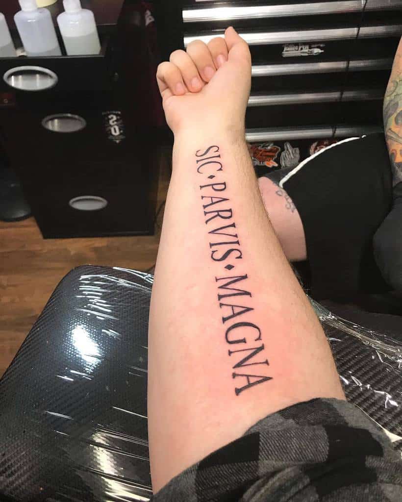 Forearm tattoo with the Latin phrase "Sic Parvis Magna" in black ink