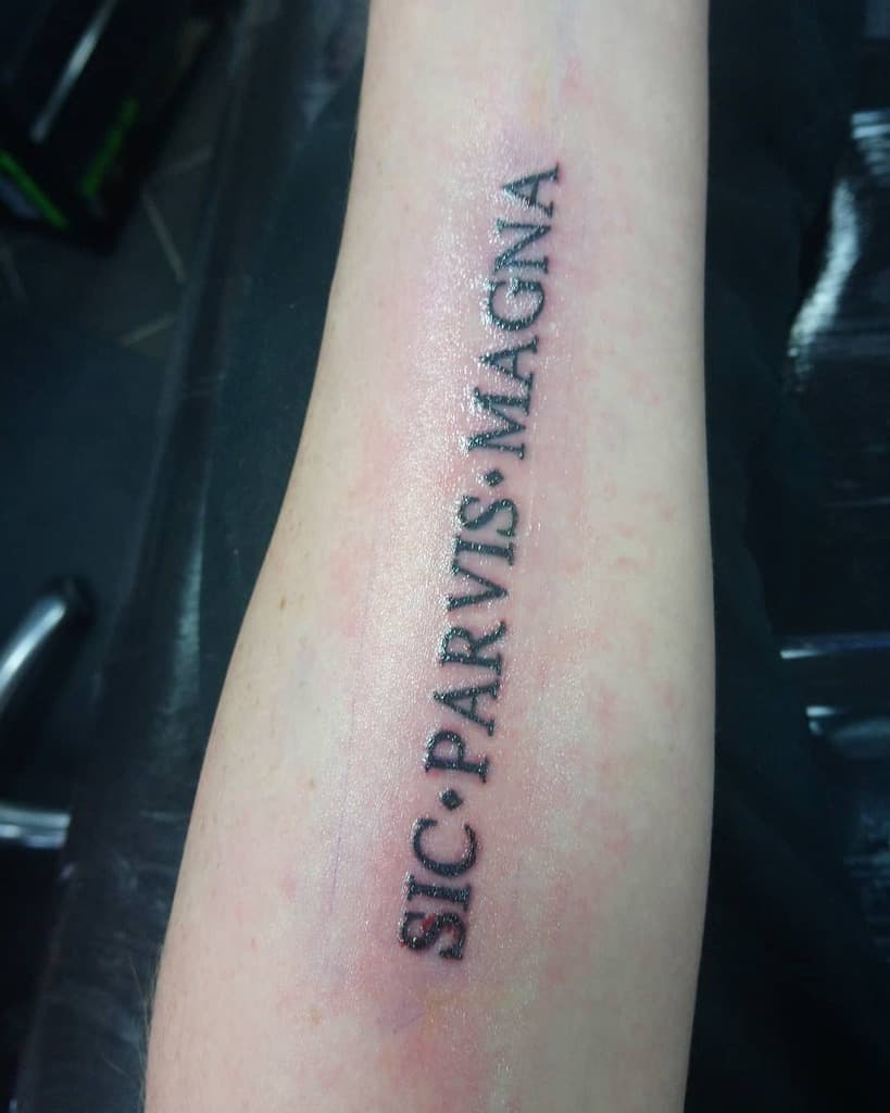 Tattoo on an arm with the Latin phrase "SIC PARVIS MAGNA" in bold black letters