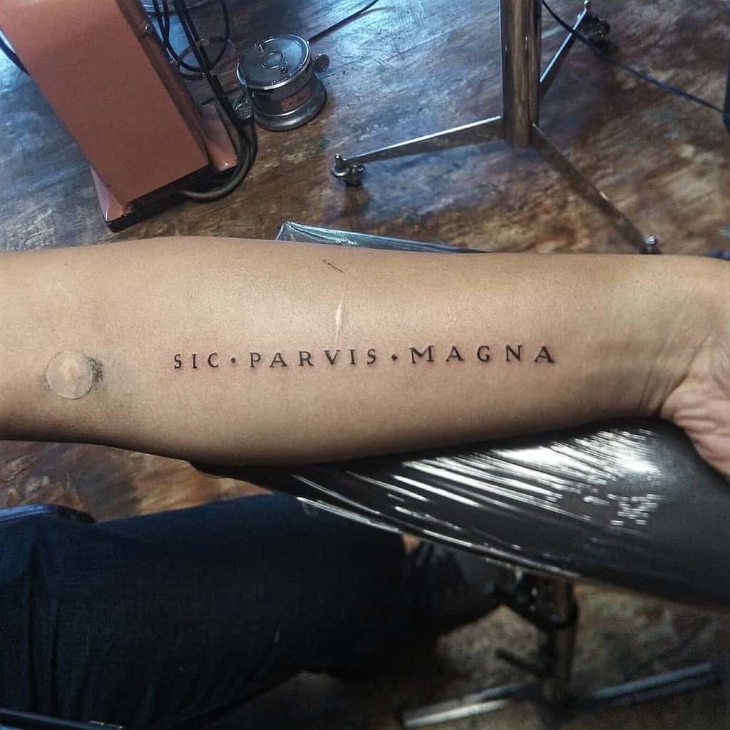 Arm tattoo with the phrase "Sic Parvis Magna" in black ink on the inner arm