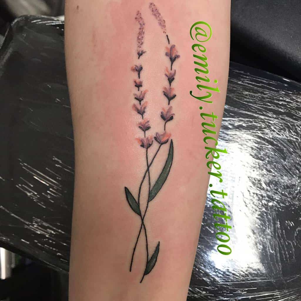 Tattoo of two lavender sprigs on a forearm