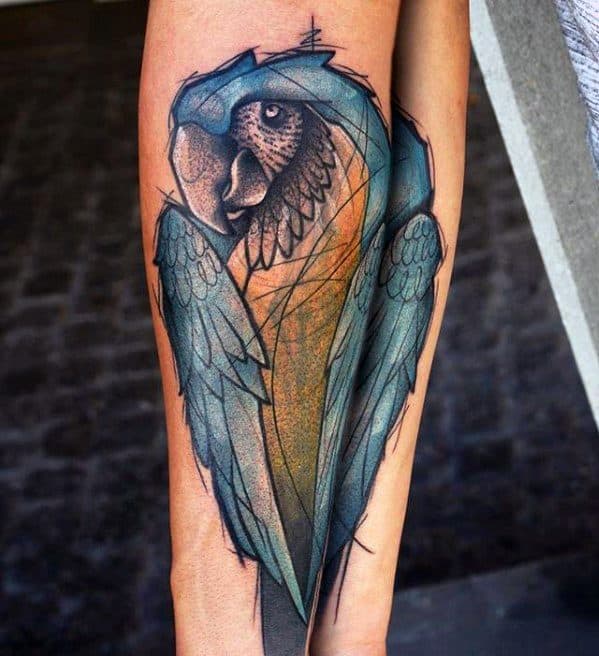 Forearm Sketched Blue And Yellow Parrot Tattoo Designs For Guys
